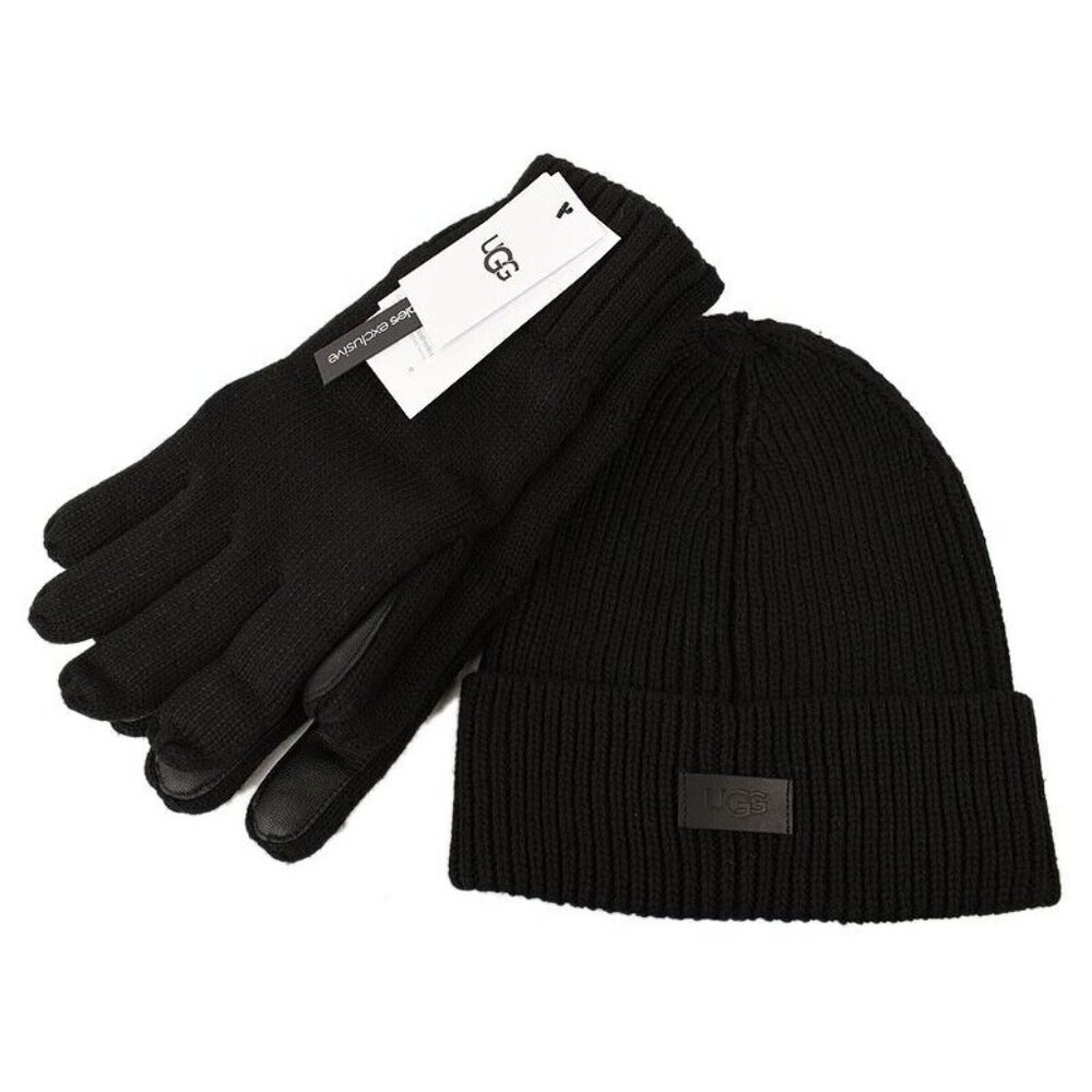 UGG Mens Black Ribbed Knit Beanie Leather Palm Patch Tech Glove Set L/XL NWT
